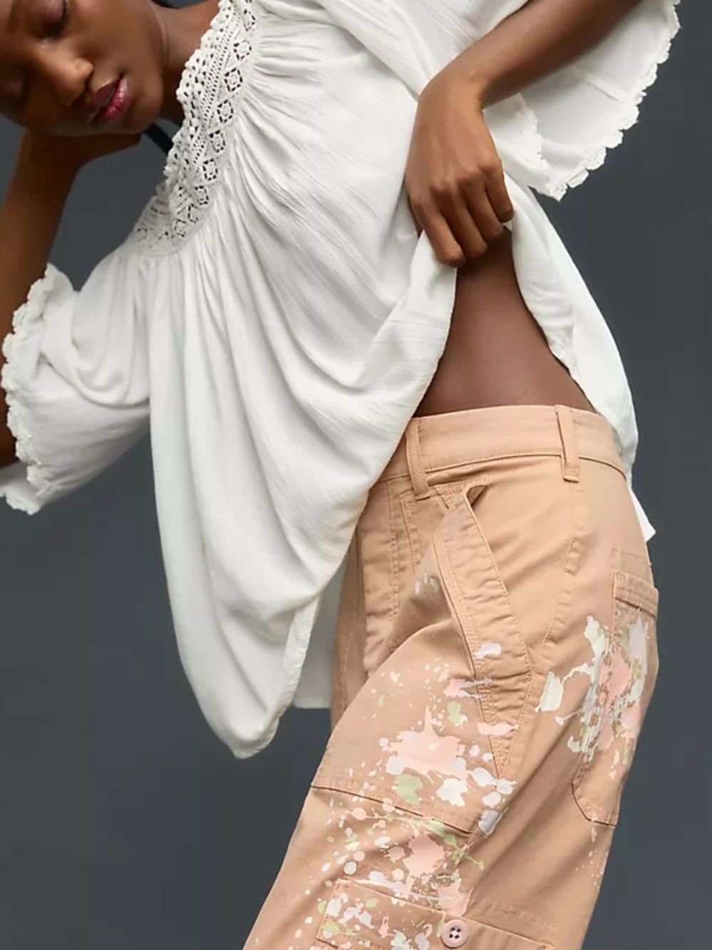 Anthropologie Pilcro clay colored barrel pant with Pastel Paint-Splatter